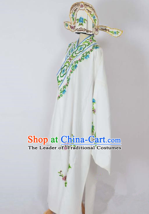 Traditional Chinese Professional Peking Opera Young Men Costume, China Beijing Opera Niche Gifted Scholar Embroidery White Robe Clothing