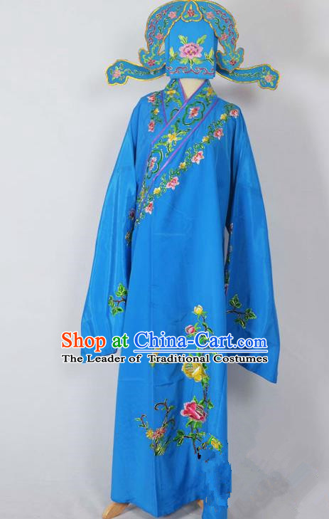 Traditional Chinese Professional Peking Opera Young Men Costume, China Beijing Opera Niche Gifted Scholar Embroidery Deep Blue Robe Clothing