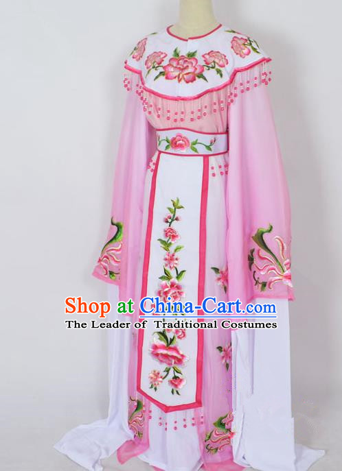 Traditional Chinese Professional Peking Opera Young Lady Princess Costume Pink Embroidery Peony Dress, China Beijing Opera Diva Hua Tan Embroidered Cloud Shoulder Clothing