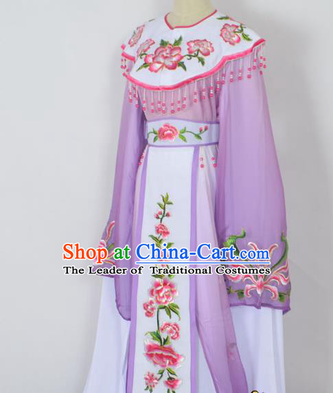 Traditional Chinese Professional Peking Opera Young Lady Princess Costume Purple Embroidery Peony Dress, China Beijing Opera Diva Hua Tan Embroidered Cloud Shoulder Clothing