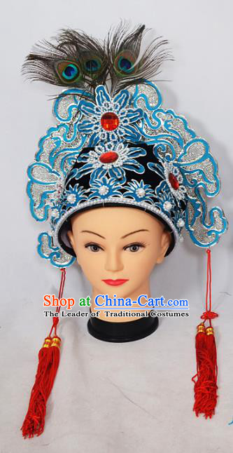 Traditional Handmade Chinese Classical Peking Opera Blues Accessories Hat, China Beijing Opera Swordplay Warriors Headwear