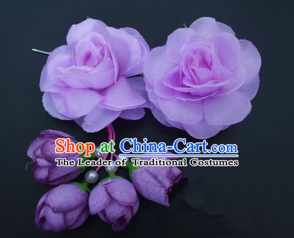 Traditional Handmade Chinese Classical Peking Opera Young Lady Hair Accessories Purple Temples Flowers, China Beijing Opera Princess Headwear Tassel Hairpins