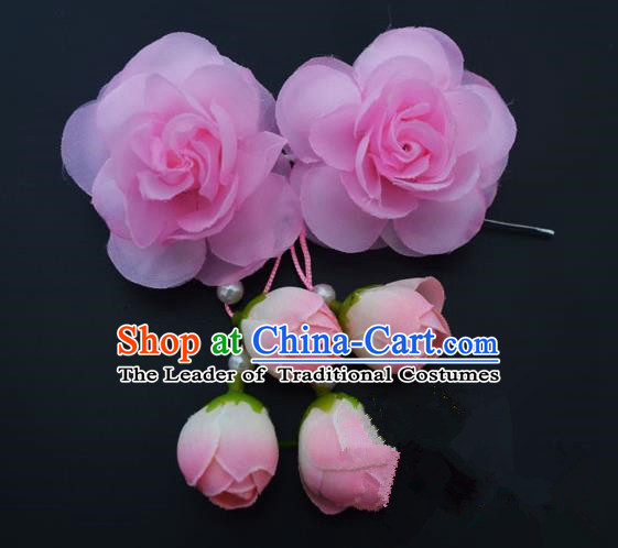 Traditional Handmade Chinese Classical Peking Opera Young Lady Hair Accessories Pink Temples Flowers, China Beijing Opera Princess Headwear Tassel Hairpins