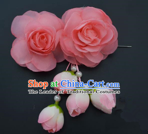 Traditional Handmade Chinese Classical Peking Opera Young Lady Hair Accessories Peach Pink Temples Flowers, China Beijing Opera Princess Headwear Tassel Hairpins
