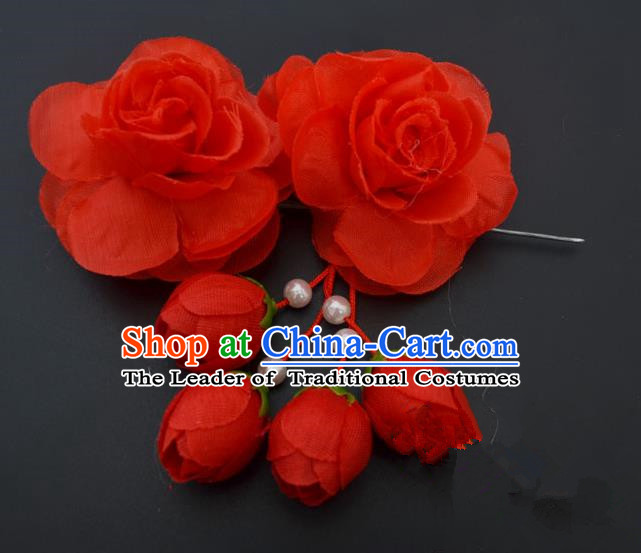 Traditional Handmade Chinese Classical Peking Opera Young Lady Hair Accessories Red Temples Flowers, China Beijing Opera Princess Headwear Tassel Hairpins