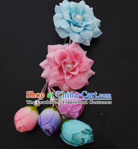 Traditional Handmade Chinese Classical Peking Opera Young Lady Hua Tan Hair Accessories Blue and Pink Temples Flowers, China Beijing Opera Diva Princess Headwear Tassel Hairpins