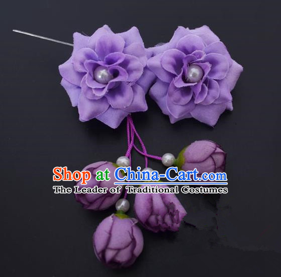 Traditional Handmade Chinese Classical Peking Opera Young Lady Hua Tan Hair Accessories Purple Temples Flowers, China Beijing Opera Diva Princess Headwear Tassel Hairpins