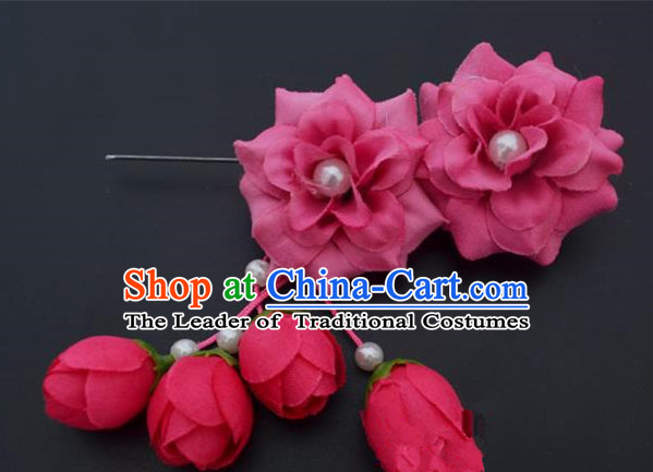 Traditional Handmade Chinese Classical Peking Opera Young Lady Hua Tan Hair Accessories Rosy Temples Flowers, China Beijing Opera Diva Princess Headwear Tassel Hairpins