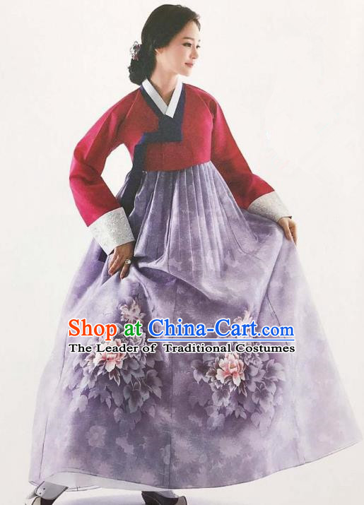 Traditional Korean Handmade Embroidery Bride Hanbok Purple Dress, Top Grade Korea Hanbok Wedding Costume for Women