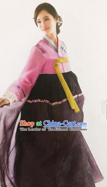 Traditional Korean Handmade Embroidery Bride Hanbok Pink Full Dress, Top Grade Korea Hanbok Wedding Costume Complete Set for Women