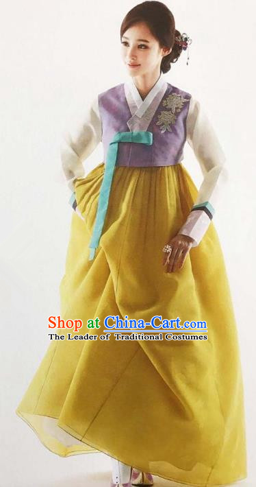 Traditional Korean Handmade Embroidery Bride Hanbok Purple Full Dress, Top Grade Korea Hanbok Wedding Costume Complete Set for Women