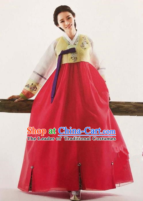 Traditional Korean Handmade Embroidery Bride Hanbok Red Full Dress, Top Grade Korea Hanbok Wedding Costume Complete Set for Women