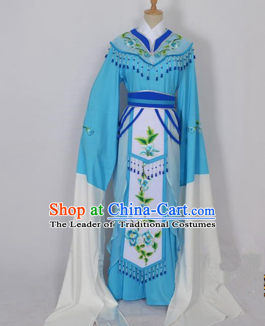 Traditional Chinese Professional Peking Opera Diva Young Lady Princess Water Sleeve Costume Blue Embroidery Dress, China Beijing Opera Hua Tan Embroidered Clothing
