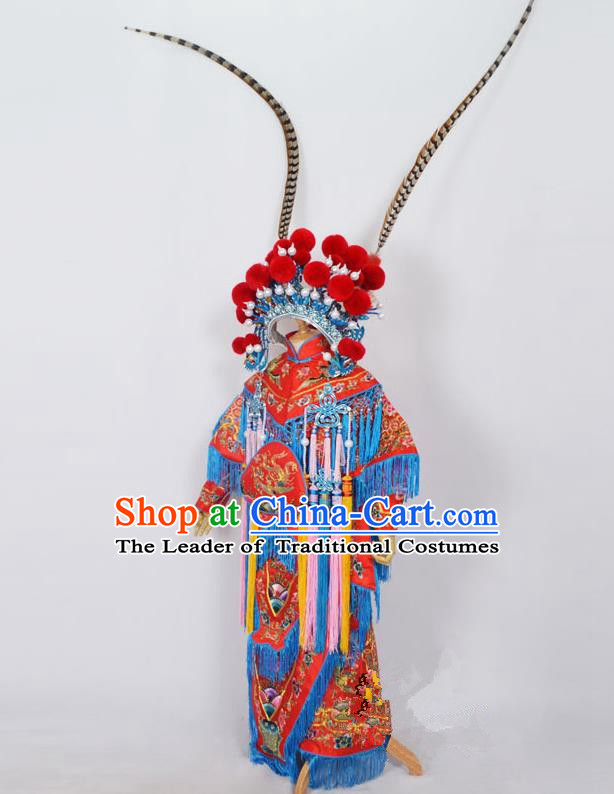 Traditional Chinese Professional Peking Opera Female General Red Costume, Children China Beijing Opera Swordplay Embroidered Clothing and Headwear Complete Set