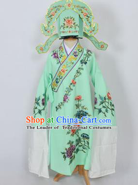 Traditional Chinese Professional Peking Opera Young Men Niche Costume Green Embroidery Robe and Hat, China Beijing Opera Nobility Childe Scholar Embroidered Clothing