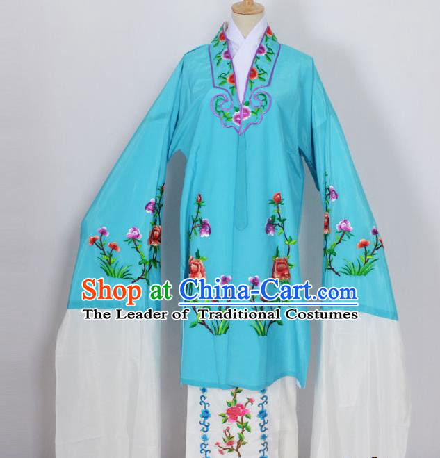 Traditional Chinese Professional Peking Opera Young Lady Costume Blue Embroidery Mantel, China Beijing Opera Diva Hua Tan Embroidered Dress Clothing