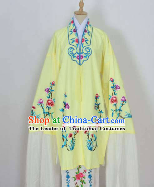 Traditional Chinese Professional Peking Opera Young Lady Costume Light Yellow Embroidery Mantel, China Beijing Opera Diva Hua Tan Embroidered Dress Clothing