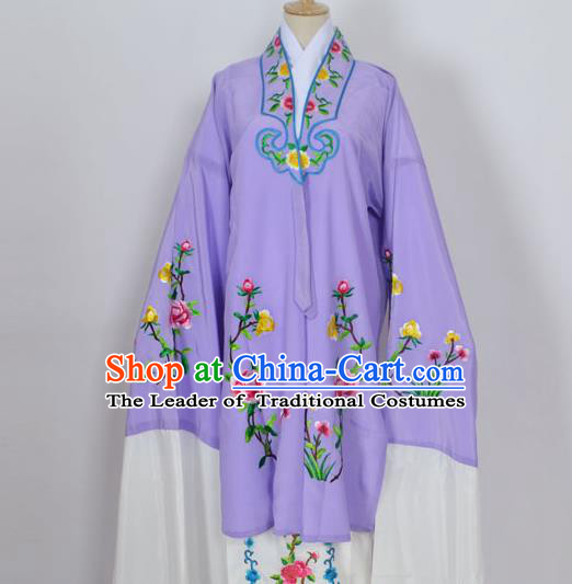 Traditional Chinese Professional Peking Opera Young Lady Costume Purple Embroidery Mantel, China Beijing Opera Diva Hua Tan Embroidered Dress Clothing