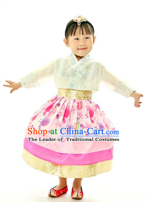 Traditional South Korean Handmade Embroidery Hanbok Children Birthday Princess Pink Full Dress, Top Grade Korea Hanbok Costume Complete Set for Kids