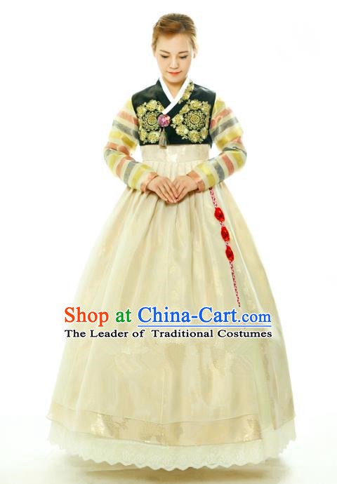 Traditional South Korean Handmade Hanbok Embroidery Yellow Wedding Full Dress, Top Grade Korea Hanbok Bride Costume Complete Set for Women