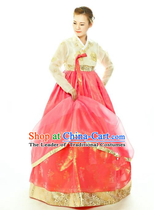 Traditional South Korean Handmade Hanbok Embroidery Watermelon Red Wedding Full Dress, Top Grade Korea Hanbok Bride Costume Complete Set for Women