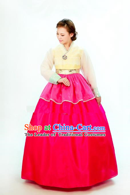 Traditional South Korean Handmade Hanbok Embroidery Bride Wedding Rosy Dress, Top Grade Korea Hanbok Costume Complete Set for Women