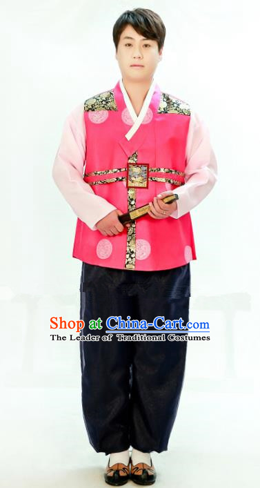 Traditional South Korean Handmade Hanbok Embroidery Bridegroom Wedding Rosy Clothing, Top Grade Korea Hanbok Costume Complete Set for Men