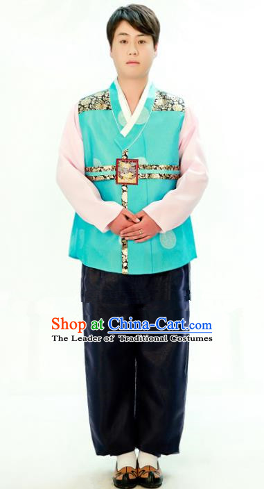 Traditional South Korean Handmade Hanbok Embroidery Bridegroom Wedding Green Clothing, Top Grade Korea Hanbok Costume Complete Set for Men