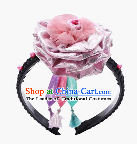Traditional South Korean Handmade Hair Accessories Pink Silk Headband, Top Grade Korea Children Hair Clasp Headwear for Kids