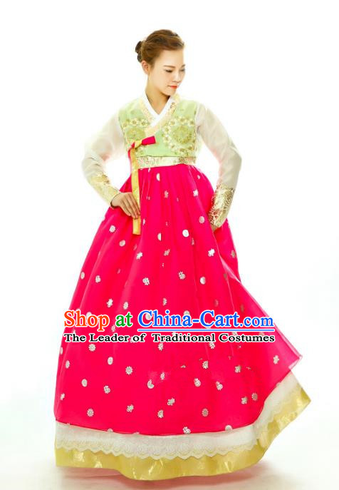 Traditional South Korean Handmade Hanbok Embroidery Rosy Wedding Full Dress, Top Grade Korea Hanbok Bride Costume Complete Set for Women