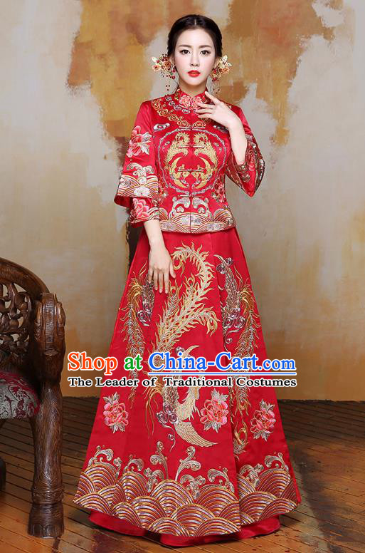 Traditional Ancient Chinese Wedding Costume Embroidery Xiuhe Suits, Chinese Style Wedding Dress Red Restoring Longfeng Dragon and Phoenix Flown Bride Toast Cheongsam for Women