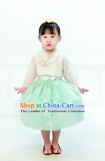 Traditional South Korean Handmade Hanbok Children Embroidery Birthday Green Dress, Top Grade Korea Hanbok Costume Complete Set for Kids