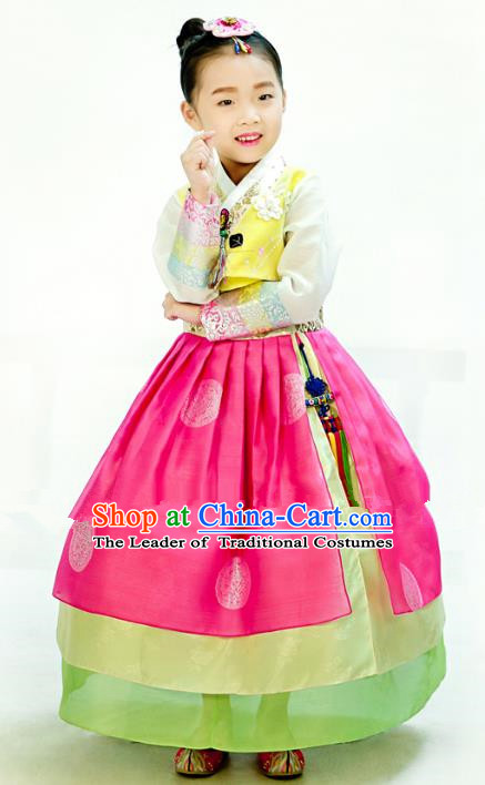 Traditional South Korean Handmade Hanbok Children Embroidery Birthday Rosy Dress, Top Grade Korea Hanbok Costume Complete Set for Kids