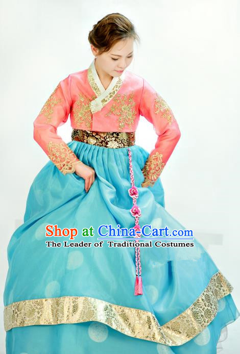 Traditional South Korean Handmade Mother Hanbok Customization Clothing Embroidery Blue Dress, Top Grade Korea Royal Hanbok Costume for Women