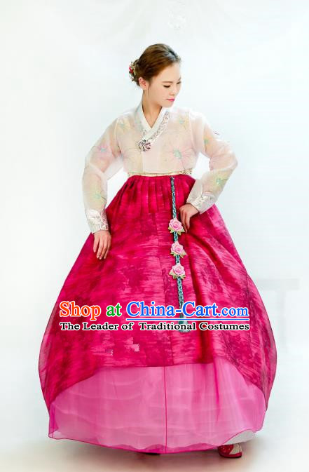 Traditional South Korean Handmade Hanbok Embroidery Wedding Rosy Dress, Top Grade Korea Hanbok Bride Costume Complete Set for Women