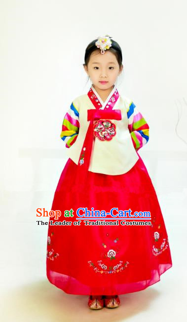 Traditional South Korean Handmade Hanbok Children Birthday Embroidery Beige Blouse Dress, Top Grade Korea Hanbok Costume Complete Set for Girls