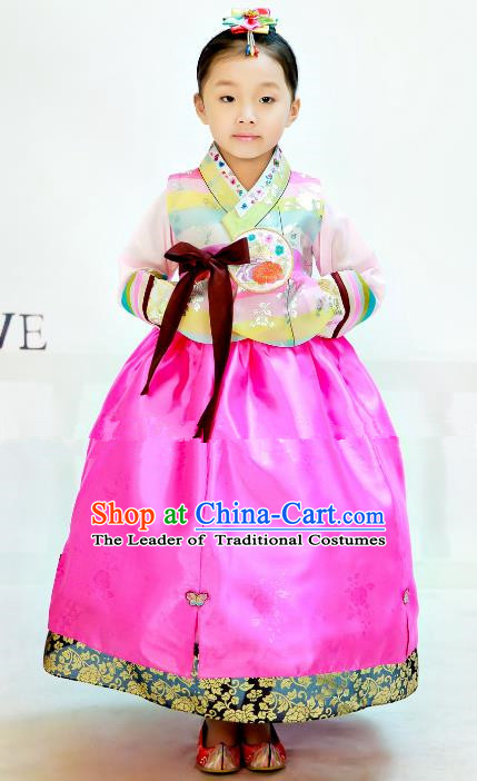 Traditional South Korean Handmade Hanbok Children Birthday Beige Blouse Rosy Dress, Top Grade Korea Hanbok Costume Complete Set for Girls