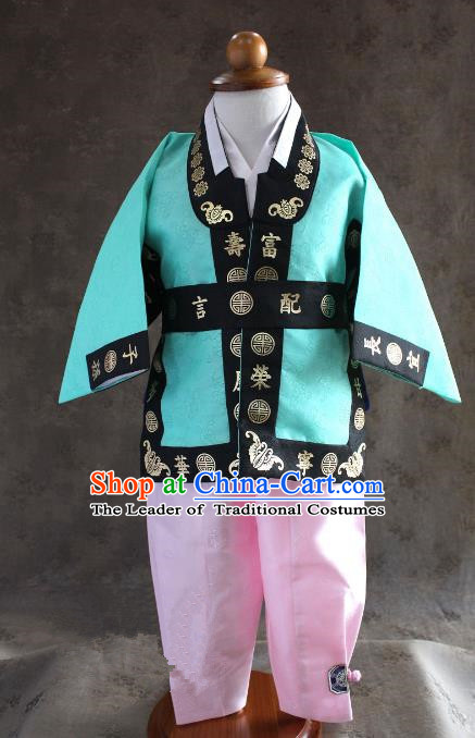 Traditional South Korean Handmade Hanbok Children Baby Birthday Customization Blue Clothing, Top Grade Korea Hanbok Costume Complete Set for Boys