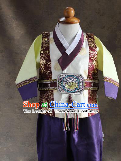 Traditional South Korean Handmade Hanbok Children Little Boys Birthday Customization Embroidery Vest Shirt and Pants, Top Grade Korea Hanbok Costume Complete Set for Kids