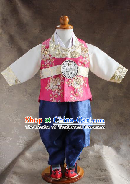 Traditional South Korean Handmade Hanbok Children Little Boys Birthday Customization Embroidery Pink Vest Shirt and Pants, Top Grade Korea Hanbok Costume Complete Set for Kids