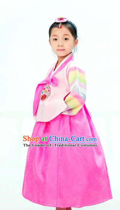 Traditional South Korean Handmade Hanbok Children Little Girls Birthday Customization Embroidery Pink Blouse and Dress Complete Set, Top Grade Korea Hanbok Costume for Kids