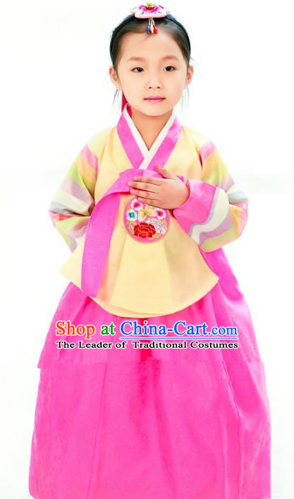 Traditional South Korean Handmade Hanbok Children Little Girls Birthday Customization Embroidery Yellow Blouse and Dress Complete Set, Top Grade Korea Hanbok Costume for Kids