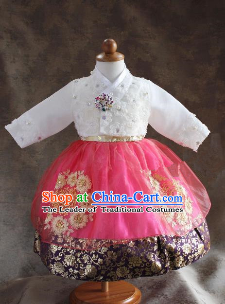 Traditional South Korean Handmade Hanbok Children Little Princess Birthday Customization Embroidery Clothing Complete Set, Top Grade Korea Royal Hanbok Costume for Kids