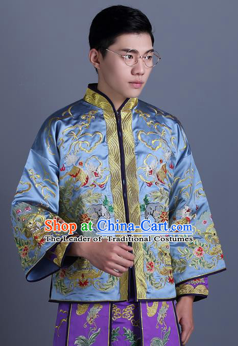 Ancient Chinese Costume Chinese Style Wedding Dress Ancient Embroidery Dragon and Phoenix Blue Flown Groom Toast Clothing Mandarin Jacket For Men