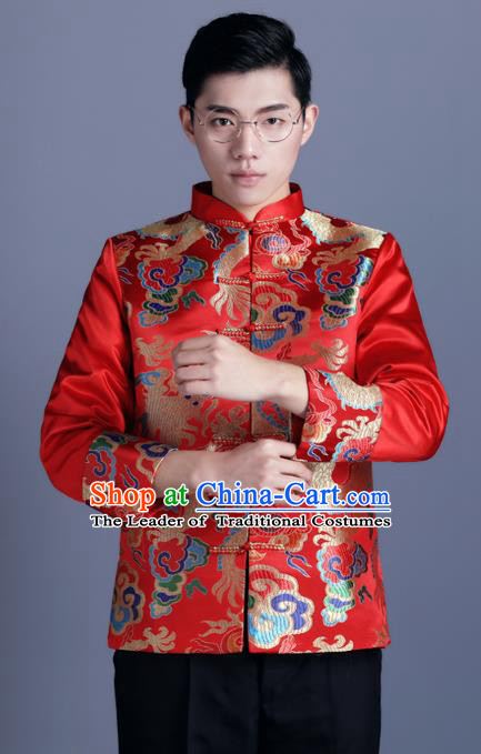 Ancient Chinese Costume Chinese Style Wedding Dress Ancient Embroidery Dragon and Phoenix Shirt, Groom Toast Clothing Mandarin Jacket For Men