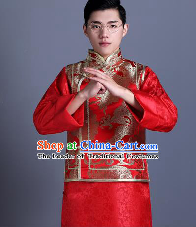 Ancient Chinese Costume Chinese Style Wedding Dress Ancient Embroidery Dragon Vest, Groom Toast Clothing Mandarin Jacket For Men