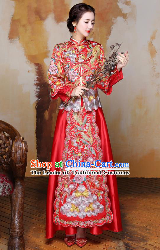 Traditional Ancient Chinese Wedding Costume Embroidery Long Sleeve Xiuhe Suits, Chinese Style Wedding Dress Red Restoring Longfeng Dragon and Phoenix Flown Bride Toast Cheongsam for Women