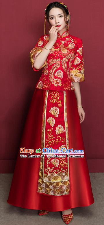 Traditional Ancient Chinese Wedding Costume Embroidery Peony Xiuhe Suits, Chinese Style Wedding Dress Red Restoring Longfeng Dragon and Phoenix Flown Bride Toast Cheongsam for Women