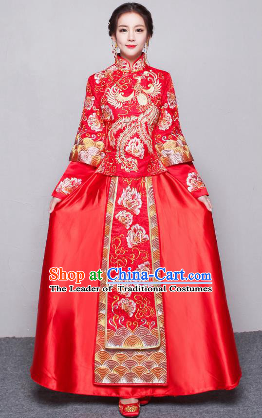 Traditional Ancient Chinese Wedding Costume Embroidery Peony Xiuhe Suits, Chinese Style Wedding Dress Red Dragon and Phoenix Flown Bride Toast Cheongsam for Women
