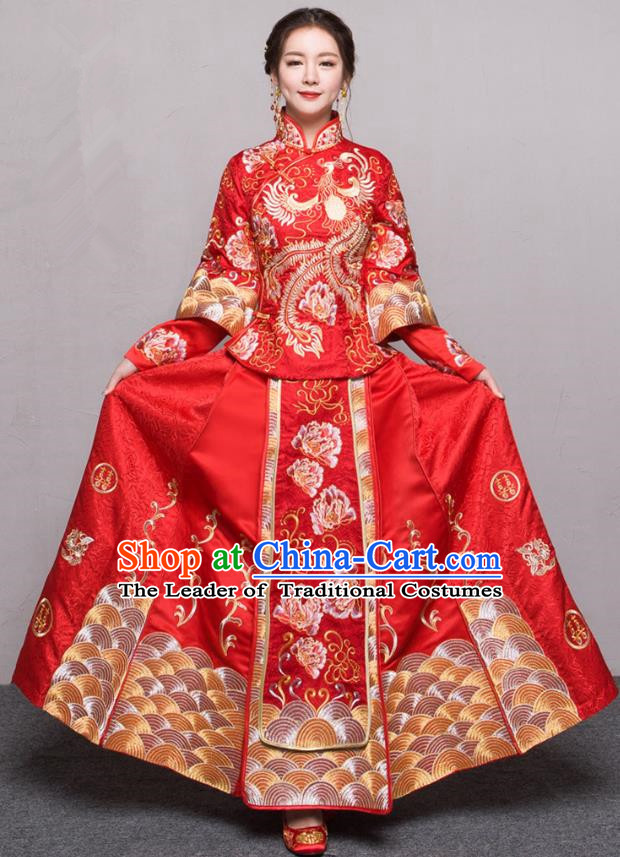 Traditional Ancient Chinese Wedding Costume Handmade Embroidery Peony Xiuhe Suits, Chinese Style Wedding Dress Red Dragon and Phoenix Flown Bride Toast Cheongsam for Women